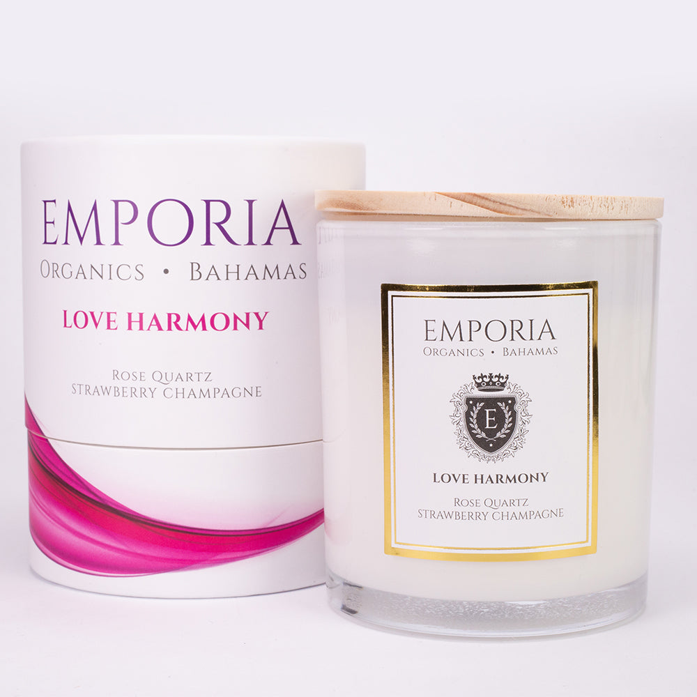 Lumânare de Sticlă Emporia Organics: Bahamas - LOVE HARMONY, cu cuarț roz, aromă de căpșuni și șampanie, 100% ceară de soia, 230 g 3 