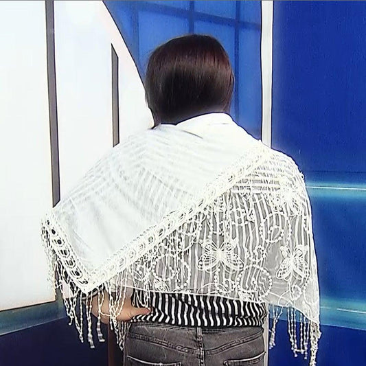 Eșarfă Trapezoidală din Bumbac, 80 cm x 198 cm x 70 cm, Model Fluture și Dantelă, Albă - Galeria de Bijuterii