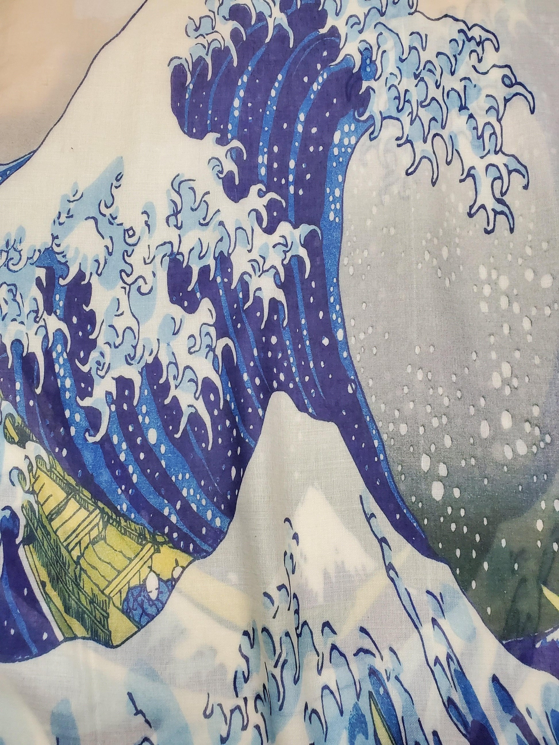 Eșarfă-Șal din Bumbac, 70 cm x 180 cm, Hokusai's - Great Wave Frayed - Galeria de Bijuterii