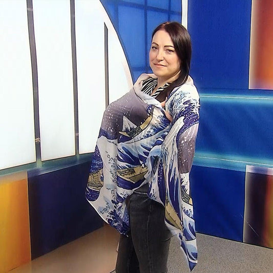 Eșarfă-Șal din Bumbac, 70 cm x 180 cm, Hokusai's - Great Wave Frayed - Galeria de Bijuterii