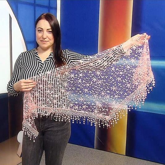Eșarfă-Șal Triunghiulară 45 cm x 45 cm x 170 cm cu Model Floral Lucios, Piersică - Galeria de Bijuterii