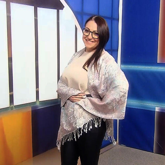 Eșarfă-Șal 100% Cașmir Pashmina Autentic, 70 cm x 180 cm, Roz și Alb Strălucitor - Galeria de Bijuterii