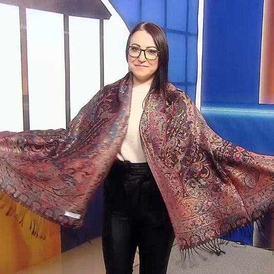 Eșarfă-Șal 100% Cașmir Pashmina Autentic, 70 cm x 180 cm, Negru Multicolor - Galeria de Bijuterii