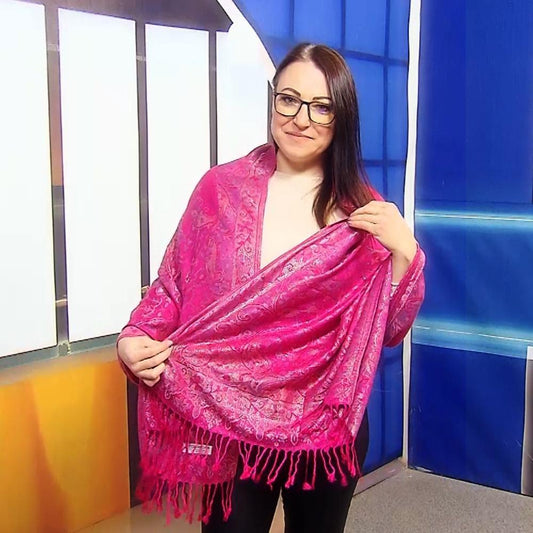 Eșarfă-Șal 100% Cașmir Pashmina Autentic, 70 cm x 180 cm, Roz Strălucitor Fucsia - Galeria de Bijuterii