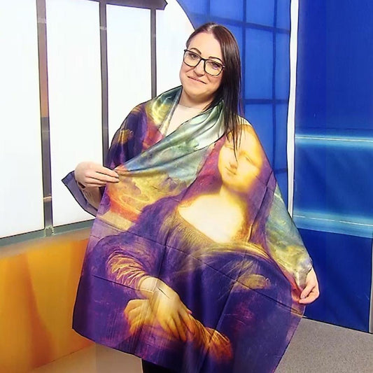 Eșarfă-Șal de Mătase, 70 cm x 180 cm, Model Leonardo Da Vinci - Mona Lisa - Galeria de Bijuterii