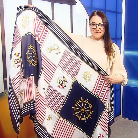 Eșarfă-Șal de mătase, 90 cm x 180cm, Model cu Ancoră și Cârmă - Galeria de Bijuterii