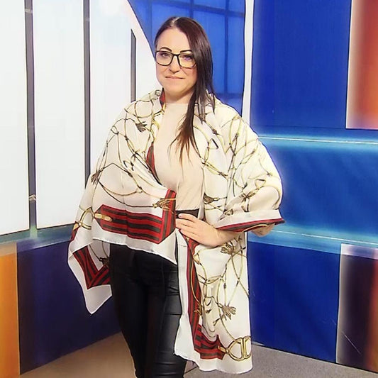 Eșarfă-Șal din Mătase 100% Autentică, 90 cm x 180 cm, Crem cu Model Lanț Auriu - Galeria de Bijuterii