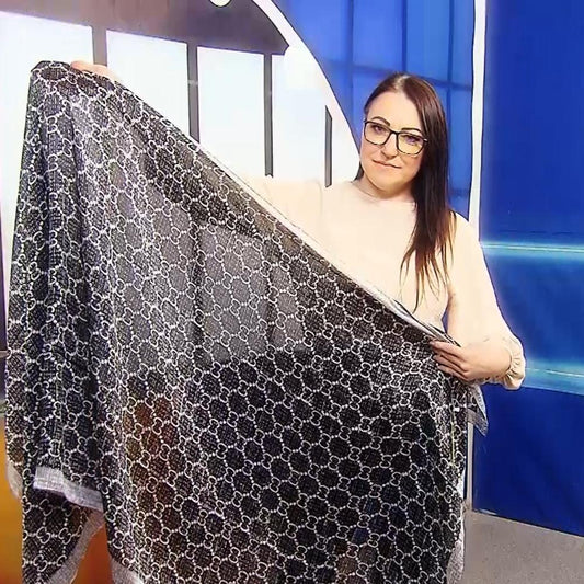 Eșarfă-Șal din Mătase 100% Autentică, 90cm x 180cm, Gri cu Model Lanț - Galeria de Bijuterii