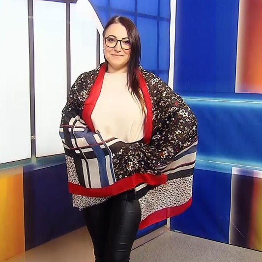 Eșarfă-Șal, 90 cm x 180 cm, cu Modele Florale și Carouri - Galeria de Bijuterii