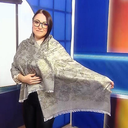 Eșarfă-Șal, 70 cm x 180 cm, Negru Lucios cu Model Fluture - Galeria de Bijuterii