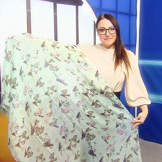 Eșarfă-șal, 90 cm x 180 cm, Verde Mentă cu Model Vrabie și Floral - Galeria de Bijuterii