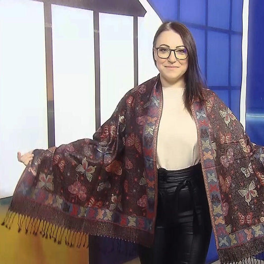 Eșarfă-Șal 100% Cașmir Pashmina Autentic, 70 cm x 170 cm, Model Fluture Negru Lucios - Galeria de Bijuterii