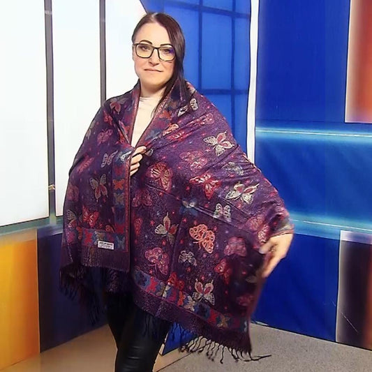Eșarfă-Șal 100% Cașmir Pashmina Autentic, 70 cm x 170 cm, Model Fluture, Albastru Închis Navy Lucios - Galeria de Bijuterii