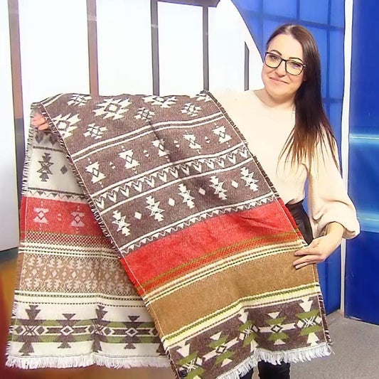 Eșarfă-Șal din lână, 190 cm x 53 cm, Crem și Maro, Model Aztec - Galeria de Bijuterii