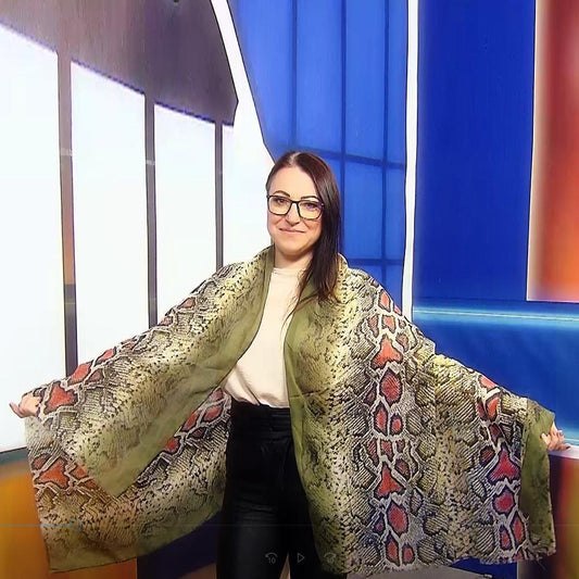 Eșarfă-Șal,  90 cm x 190 cm, Verde cu Model Piele de Șarpe - Galeria de Bijuterii