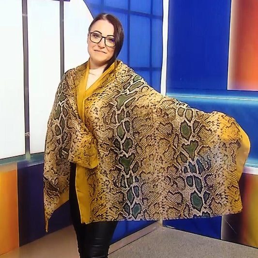 Eșarfă-Șal, 90 cm x 190 cm, Galbenă cu Model Piele de Șarpe - Galeria de Bijuterii