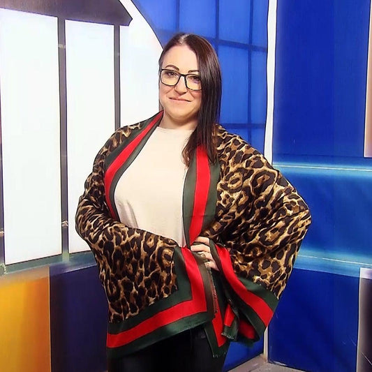 Eșarfă-Șal, 90 cm x 180 cm, Model Leopard cu Margini Verzi și Roșii - Galeria de Bijuterii