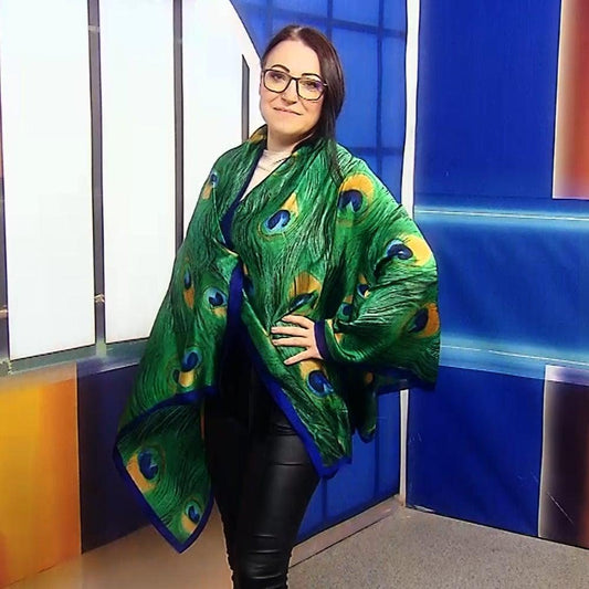 Eșarfă-Șal de mătase, 90 cm x 180 cm, Verde, Model cu Pene de Păun - Galeria de Bijuterii