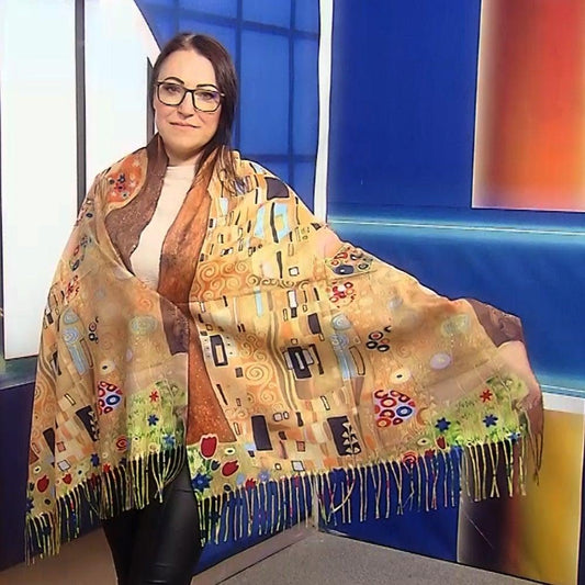 Eșarfă-Șal din Lână, 70 cm x 180 cm, Model Pictură Klimt - The Kiss - Galeria de Bijuterii