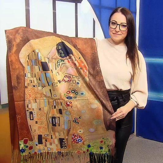 Eșarfă-Șal din Lână, 70 cm x 180 cm, Model Pictură Klimt - The Kiss - Galeria de Bijuterii