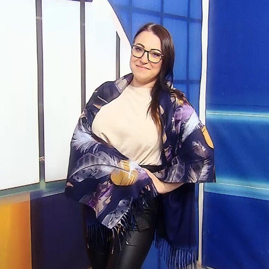 Eșarfă-Șal din Lână, 70 cm x 180 cm, Model cu Pene, Albastru Închis - Galeria de Bijuterii