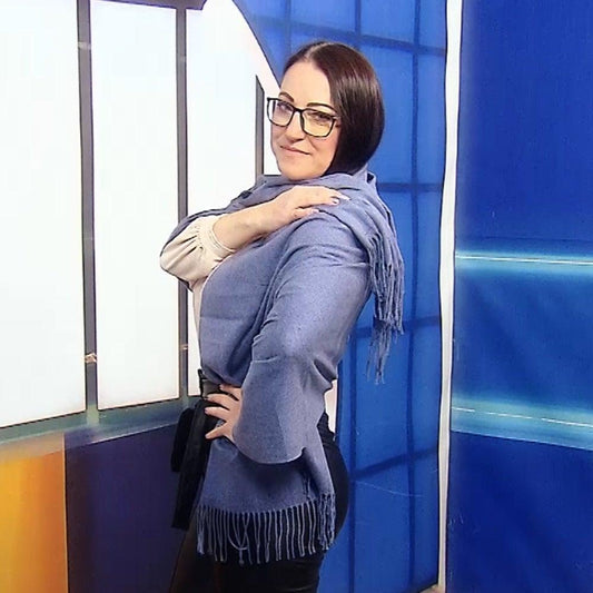 Eșarfă-Șal 100% Cașmir Pashmina Autentic, 70 cm x 170 cm, Albastru Denim - Galeria de Bijuterii