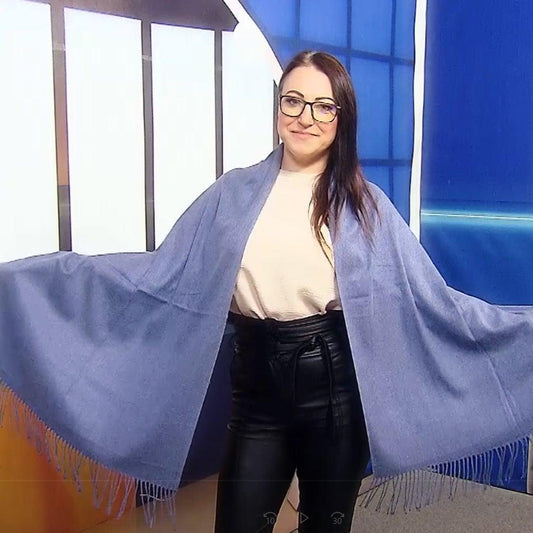 Eșarfă-Șal 100% Cașmir Pashmina Autentic, 70 cm x 170 cm, Albastru Denim - Galeria de Bijuterii
