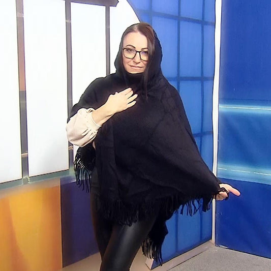 Poncho Tricotat cu Guler Înalt, 50 cm x 70 cm x 335 cm, Negru