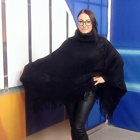 Poncho Tricotat cu Guler Înalt, 50 cm x 70 cm x 335 cm, Negru