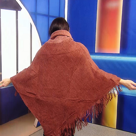 Poncho Tricotat cu Guler Înalt, 50 cm x 70 cm x 335 cm, Maro Ruginiu