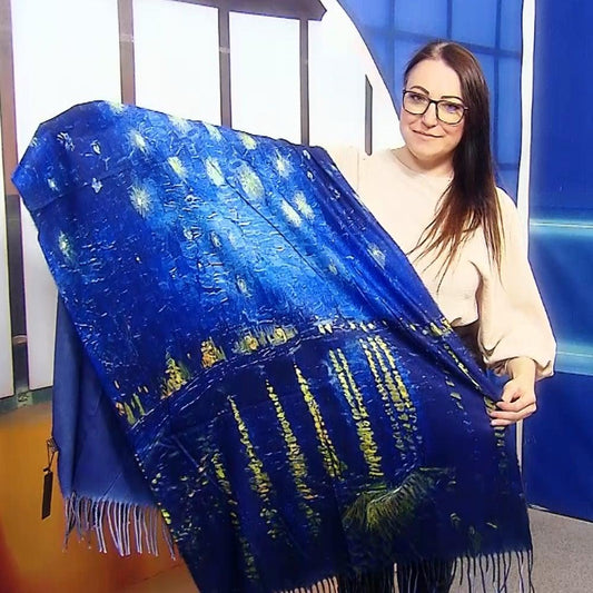 Eșarfă-Șal din Lână, 70 cm x 180 cm, Model Pictură Van Gogh - Starry Over The Rhone - Galeria de Bijuterii