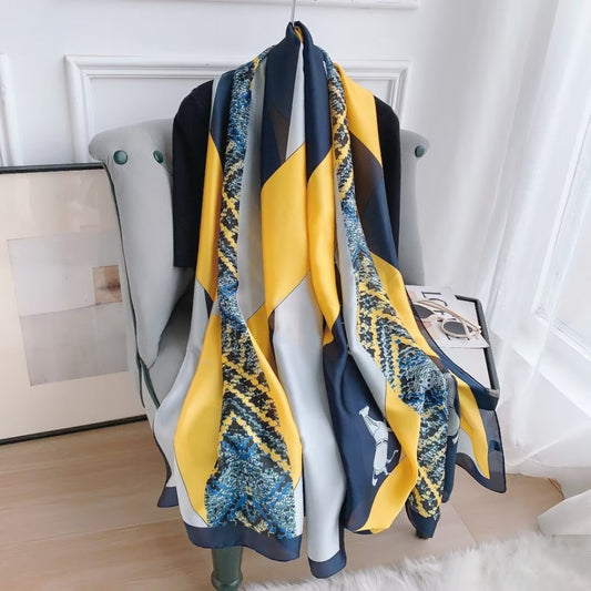 Eșarfă de Mătase, 90 cm x 180 cm, model cal, galben, 100% mătase