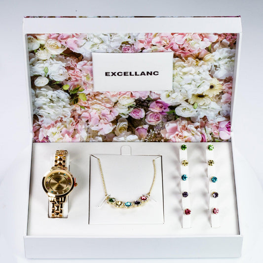 Excellanc women's gift set with wristwatch, five pairs of earrings and necklace, gold-colored - Galeria de Bijuterii