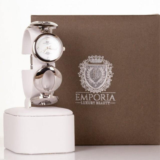 Ceas din Aliaj de culoare Argintie AW de damă, curea cu simboluri infinite și 4 cristale de cuarț - Galeria de Bijuterii