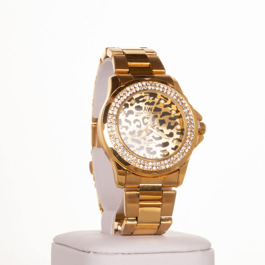 Ceas din Aliaj de culoare Aurie AW de damă cu cadran leopard și cristale de cuarț - Galeria de Bijuterii