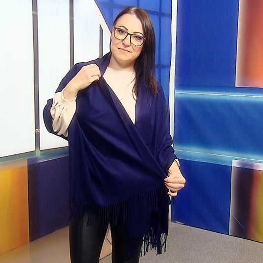 Eșarfă-Șal 100% Cașmir Pashmina Autentic, 70 cm x 170 cm, Albastru Închis Navy - Galeria de Bijuterii