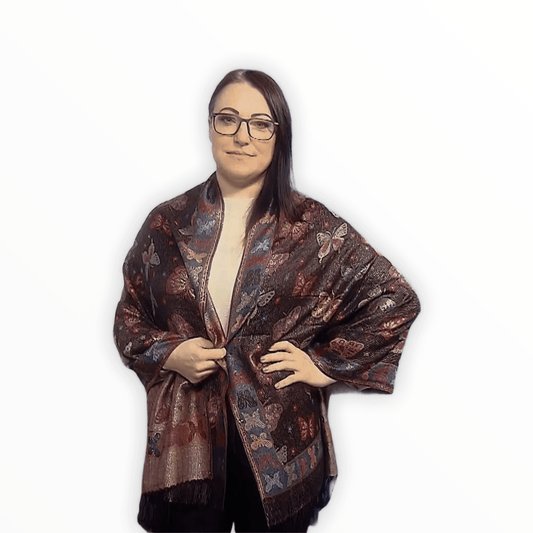 Eșarfă-Șal 100% Cașmir Pashmina Autentic, 70 cm x 170 cm, Model Fluture Negru Lucios - Galeria de Bijuterii