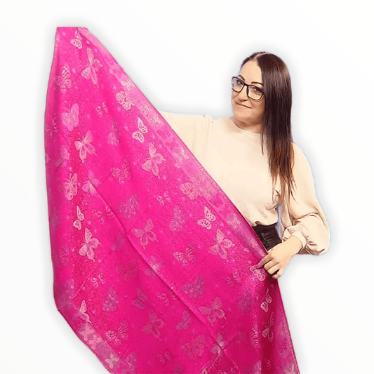 Eșarfă-Șal 100% Cașmir Pashmina Autentic, 70 cm x 170 cm, Model Fluture, Roz Lucios Fucsia - Galeria de Bijuterii