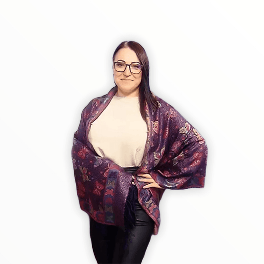 Eșarfă-Șal 100% Cașmir Pashmina Autentic, 70 cm x 170 cm, Model Fluture, Albastru Închis Navy Lucios - Galeria de Bijuterii