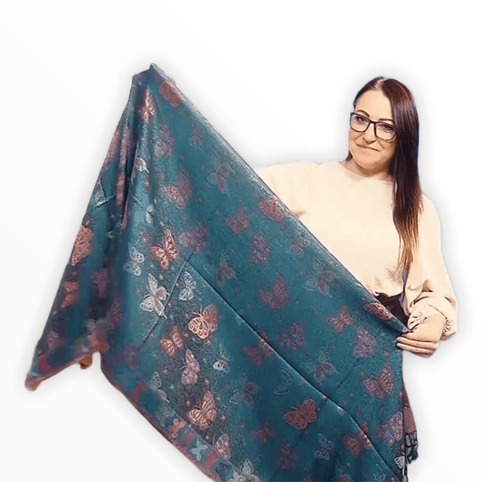 Eșarfă-Șal 100% Cașmir Pashmina Autentic, 70 cm x 170 cm, Teal Lucios cu Model Fluture - Galeria de Bijuterii