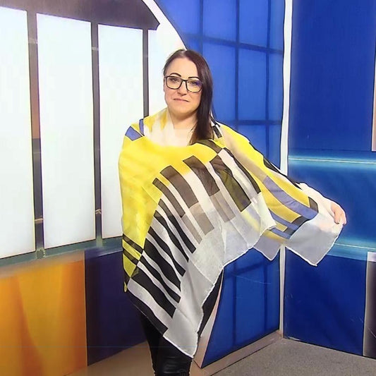 Eșarfă-Șal, 80 cm x 180 cm, Galbenă-Neagră cu Model Abstract Dreptunghiular - Galeria de Bijuterii