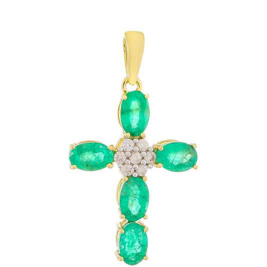 Cruce Pandantiv din Aur de 9K cu Smarald Zambian și Zircon Natural