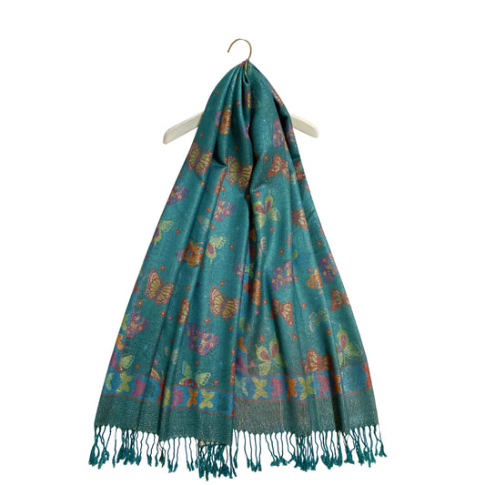 Eșarfă-Șal 100% Cașmir Pashmina Autentic, 70 cm x 170 cm, Teal Lucios cu Model Fluture - Galeria de Bijuterii