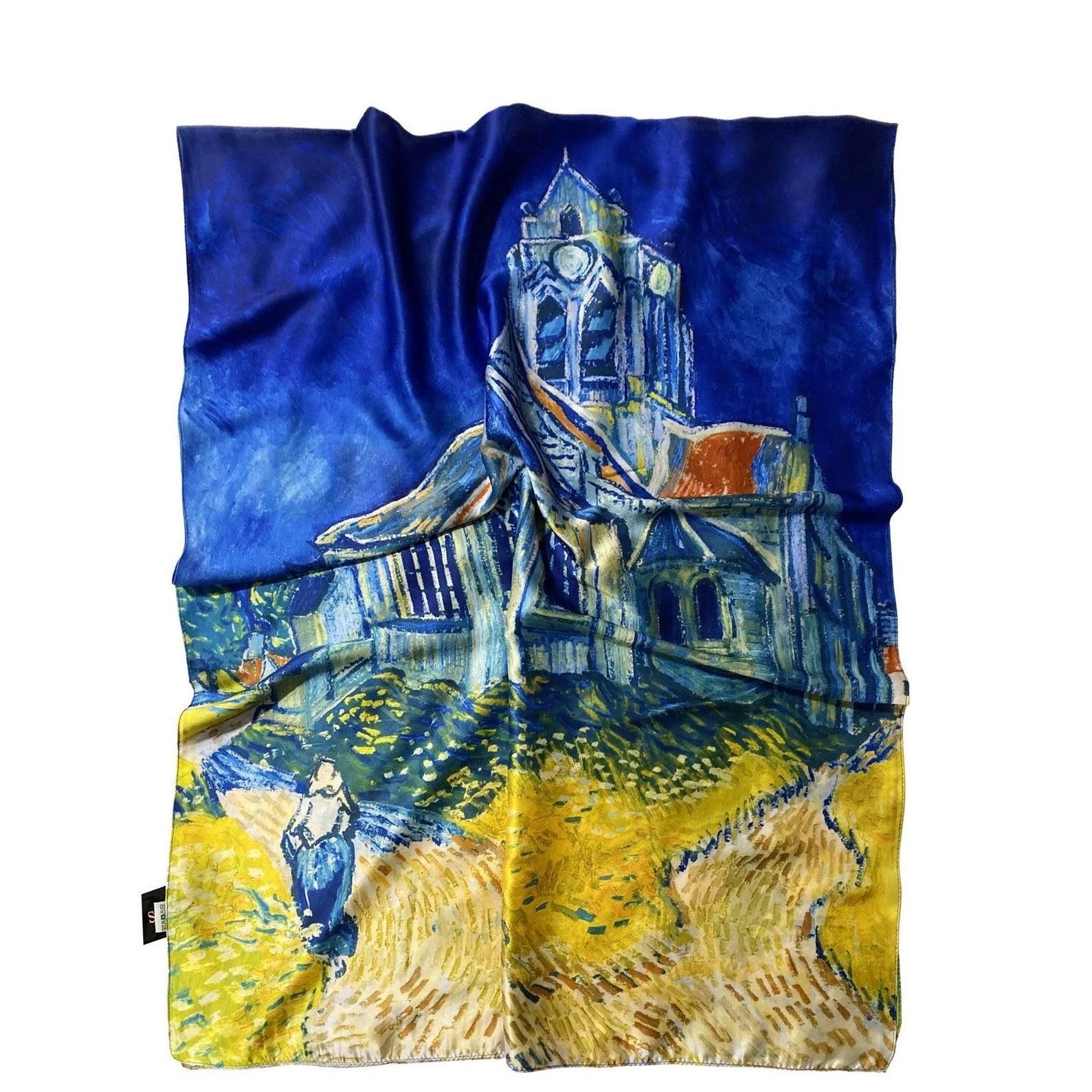 Eșarfă-Șal de Mătase, 70 cm x 180 cm, Model Van Gogh - The Church At Auvers - Galeria de Bijuterii