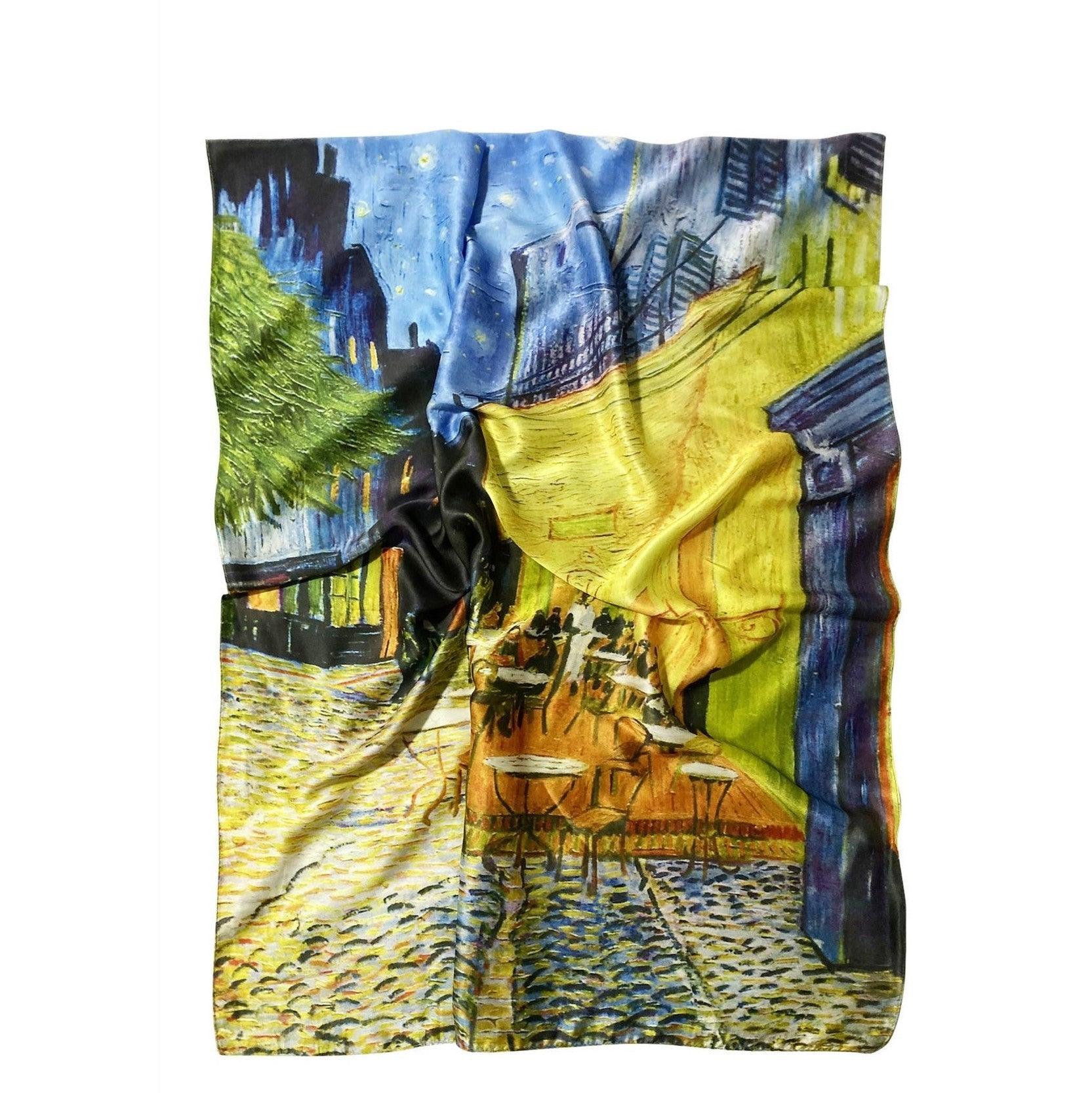Eșarfă-Șal de Mătase, 70 cm x 180 cm, Model Van Gogh - Cafe Terrace At Night - Galeria de Bijuterii