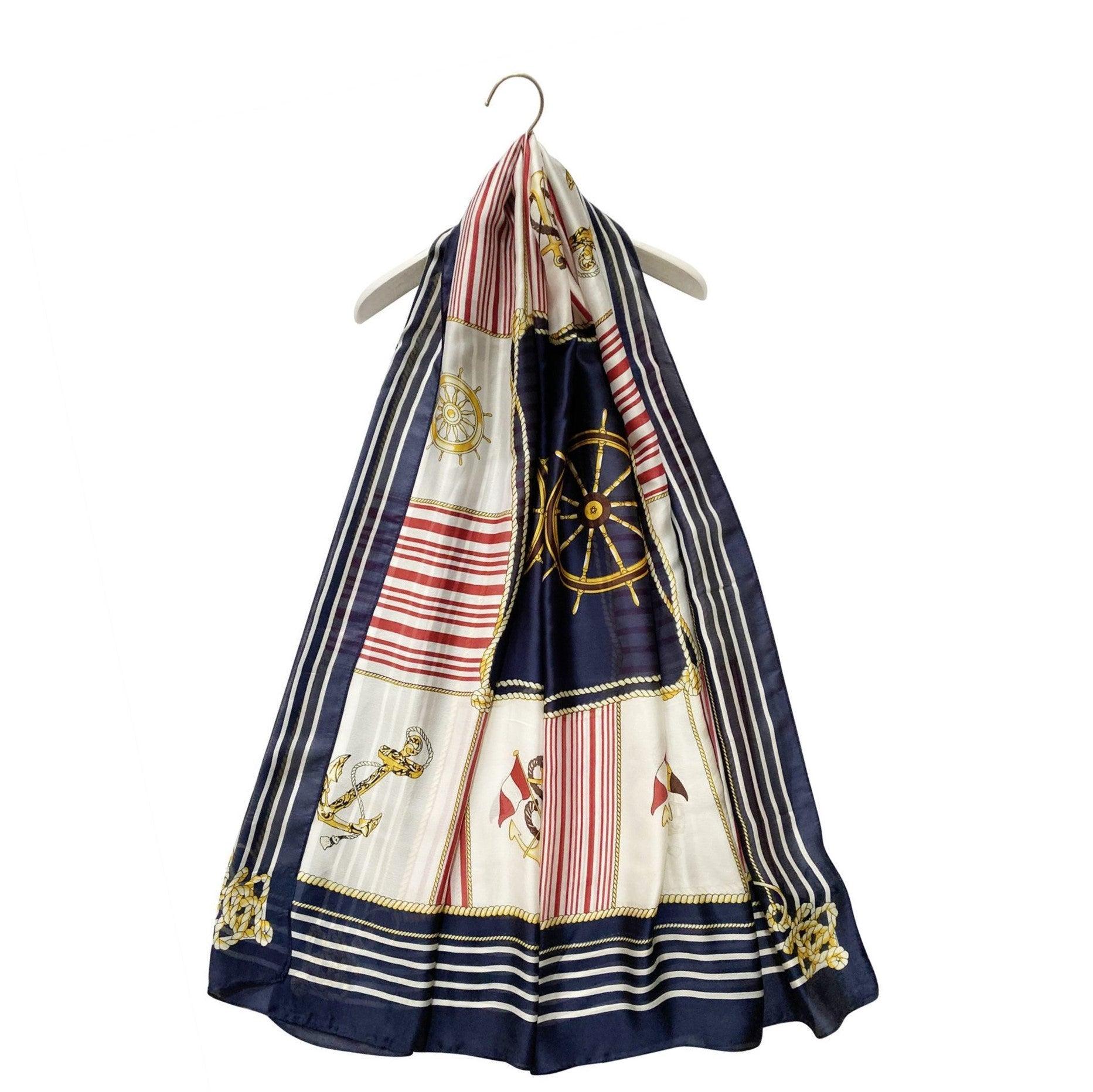 Eșarfă-Șal de mătase, 90 cm x 180cm, Model cu Ancoră și Cârmă - Galeria de Bijuterii
