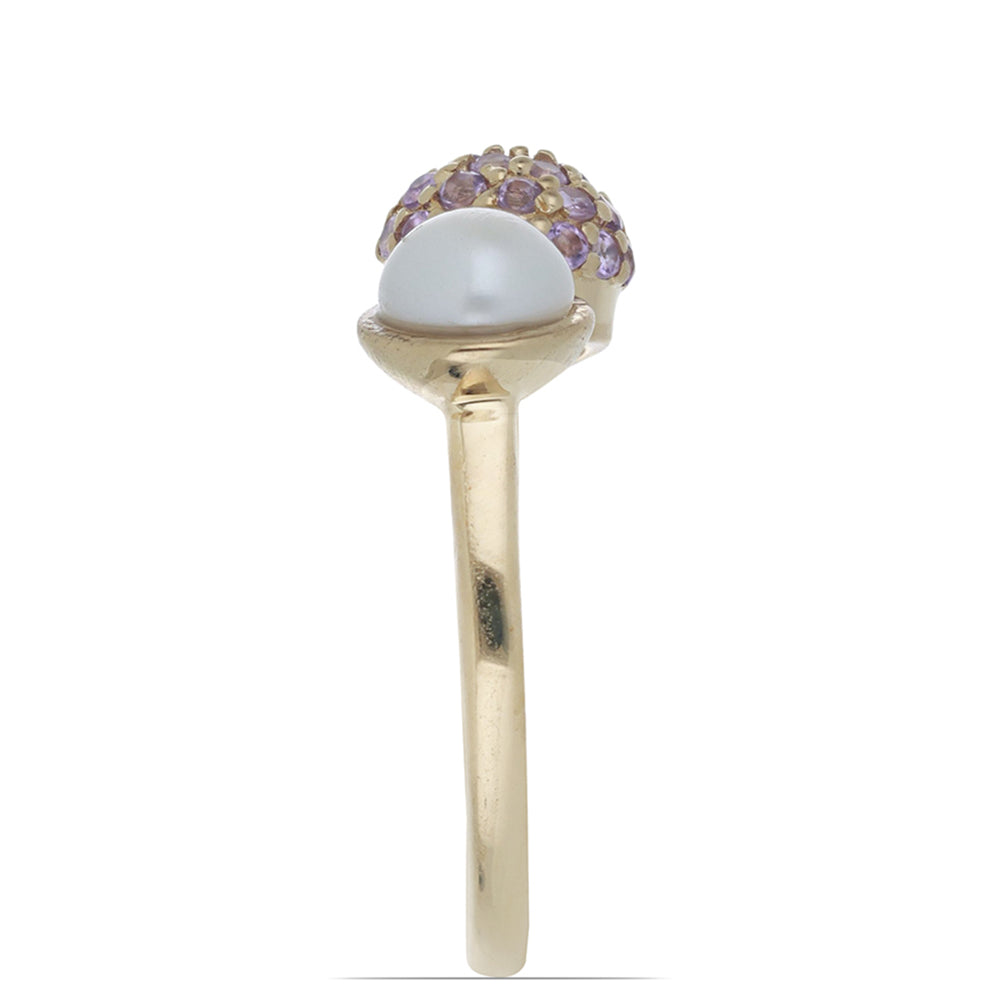 Inel din Argint 925 Placat cu Aur ( 2.58 grame ) cu Ametist Rose de France și Perlă de Apă Dulce Albă 1.38 Carate