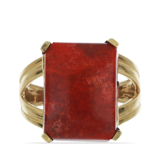 Inel din Argint 925 Placat cu Aur ( 4.42 grame ) cu Coral Roșu Burete 8.59 Carate