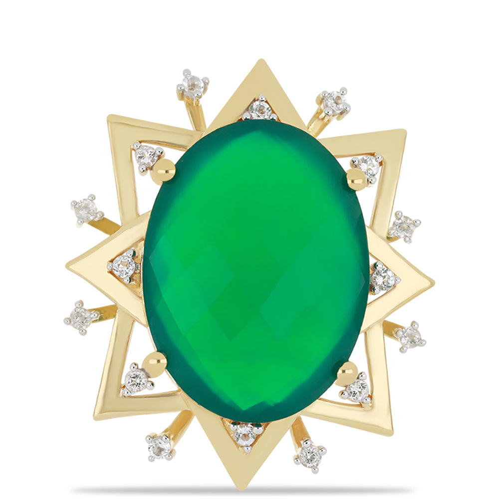 Inel din Argint 925 Placat cu Aur ( 5.18 grame ) cu Agat Verde și Topaz Alb 13.58 Carate