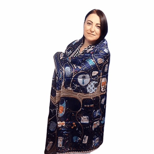 Eșarfă-Șal 100% din Mătase Autentică , 90 cm x 180 cm, cu Model Elegant, Bleumarin - Galeria de Bijuterii
